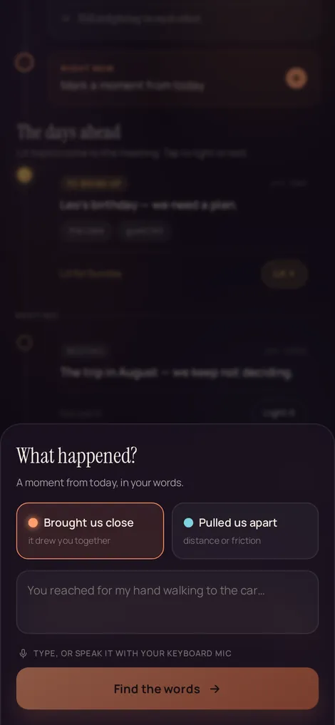 Sayward capture-a-moment sheet — jot a moment in your own words and a quiet AI helps you find what you mean.