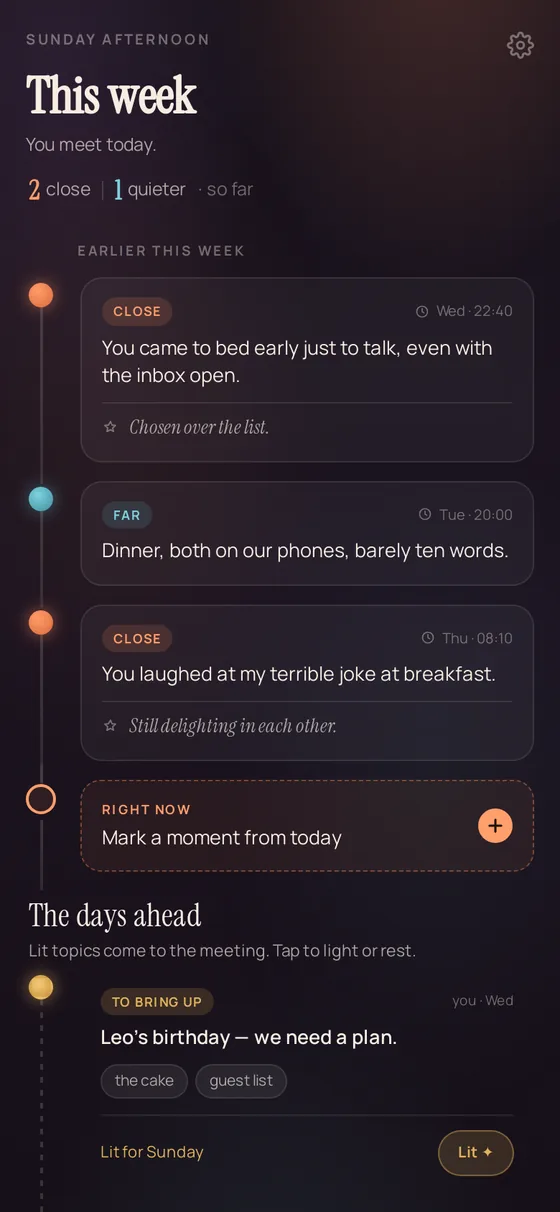 The Sayward home screen — a glowing vertical thread of the week's felt moments, with the Sunday meeting waiting at the end.